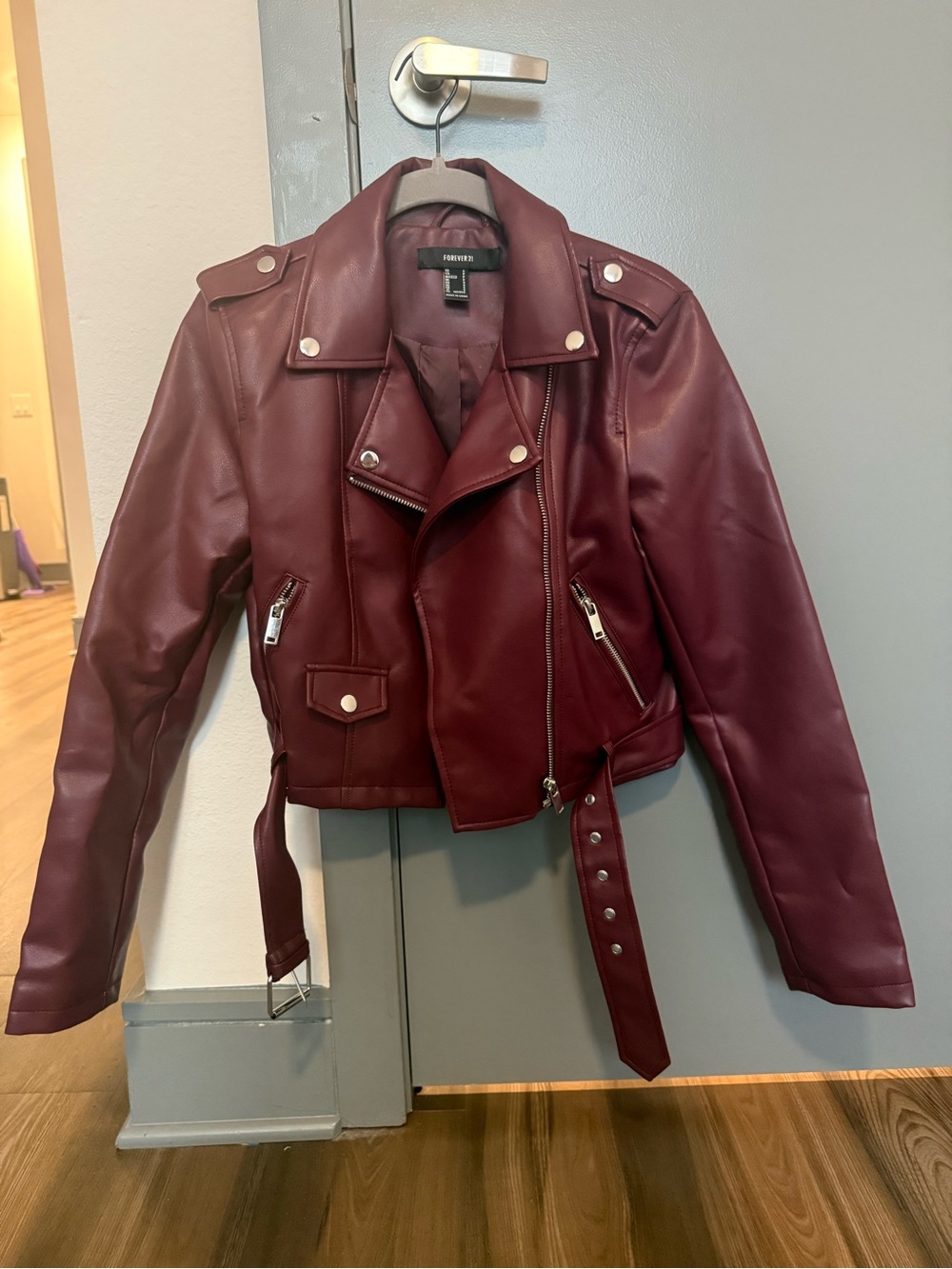 Forever 21 Burgundy Faux Leather Biker Jacket with Belt